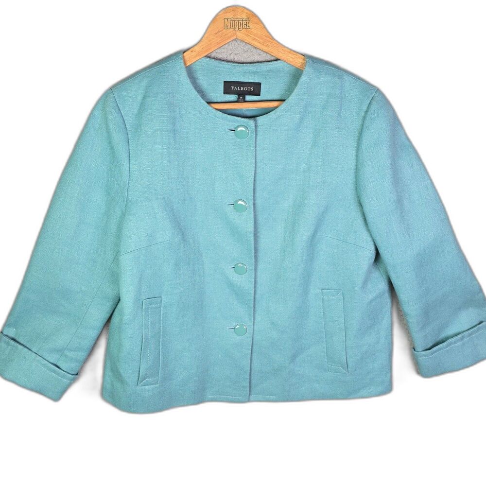 Talbots Blazer Turquoise 14 Linen Collarless 3/4 Sleeve Minimalist